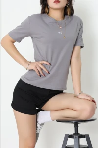 Baskılı Bisiklet Yaka Penye Tişört Dumangri - 90910.1878.