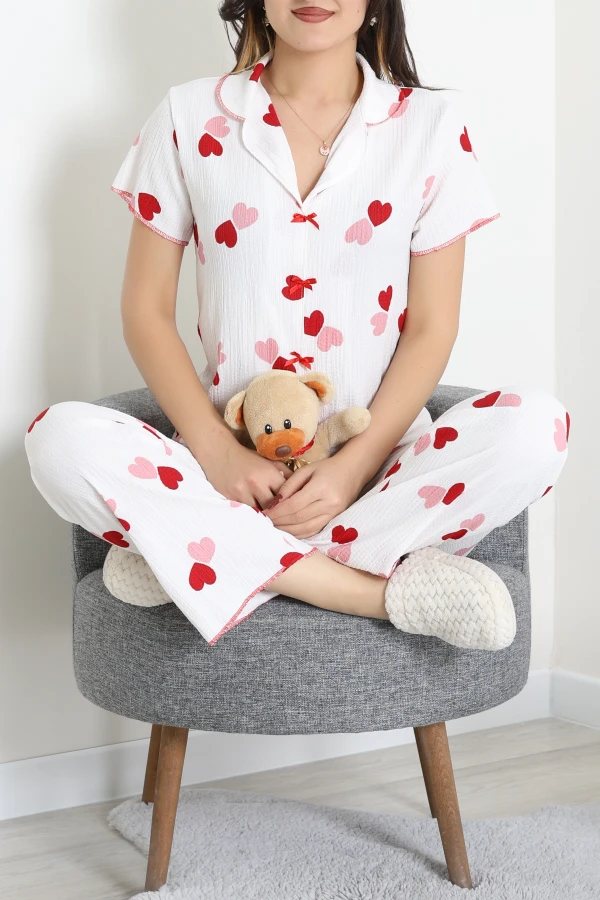 Bürümcük Fiyonklu Pijama Takımı Beyaz - 159.1287.