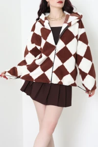 Baskılı Kapşonlu Polar Ceket Ekrukahve - 31711.1247.