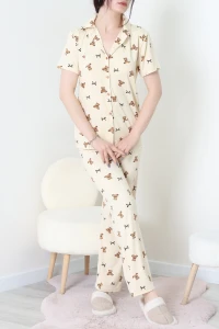 Milan Kumaş Düğmeli Pijama Takımı Bejkurdele - 750.1287.