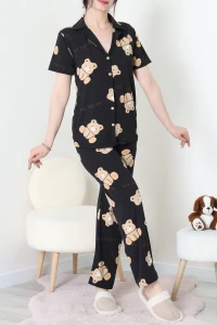 Milan Kumaş Düğmeli Pijama Takımı Siyahayı - 750.1287.