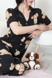 Milan Kumaş Düğmeli Pijama Takımı Siyahayı - 750.1287.