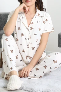 Milan Kumaş Düğmeli Pijama Takımı Kremkahve - 750.1287.