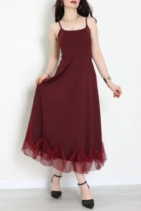 Askılı Tül Detay Krep Elbise Bordo - 30260.1592.