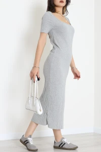 Kare Yaka Kaşkorse Elbise Gri - 71023.1748.