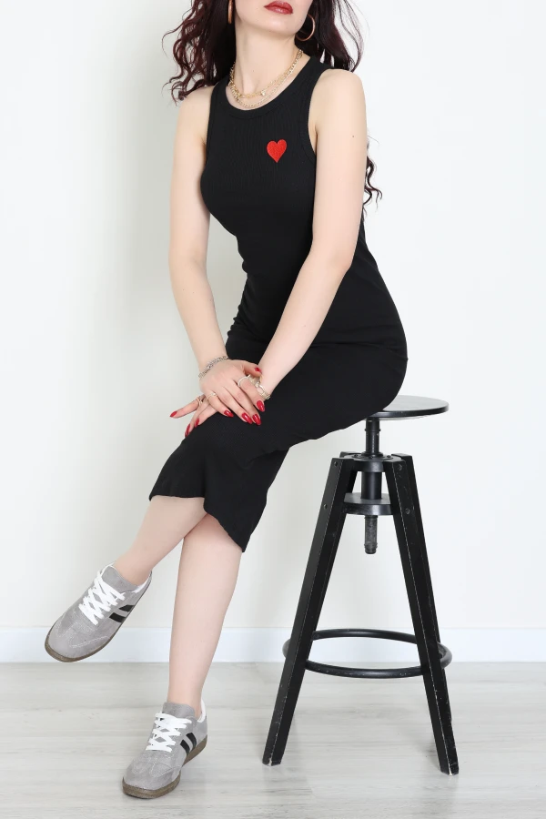 Kalp Nakışlı Kaşkorse Elbise Siyah - 71024.1748.