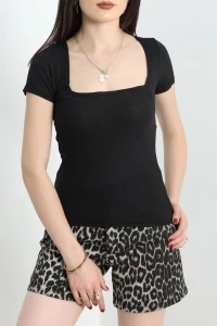 Kare Yaka Fitilli Bluz Siyah - 3001.1595.