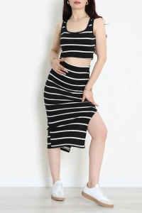 Çizgili Crop Etekli Kaşkorse Takım Siyah - 71039.1748.