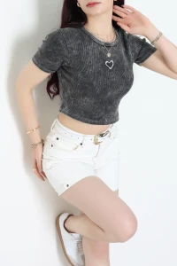 Nakışlı Asit Yıkamalı Kaşkorse Tişört Füme - 71049.1748.