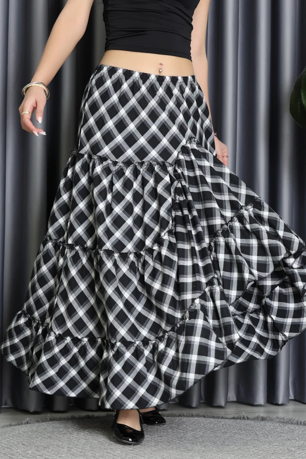 Ekose Desenli Asimetrik Etek Siyahbeyaz - 71113.2092.