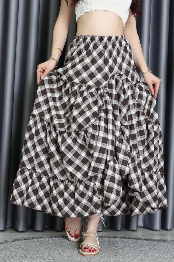 Ekose Desenli Asimetrik Etek Kahvebej - 71113.2092.