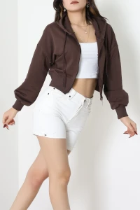 3 İplik Şardonsuz Balon Kol Crop Sweat Açıkkahve - 80773.1878.