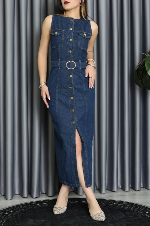 Düğmeli Kot Elbise Lacivert - 30004.615.