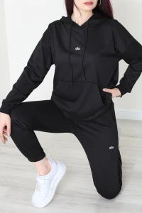 2 İplik Kapşonlu Baskılı Eşofman Takımı Siyah - 31318.1878.