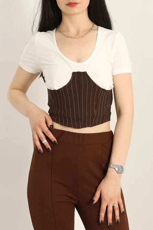 Korsaj Detaylı Bluz  Kahvebeyaz - 41382.1595.