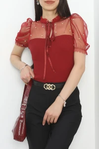 Tül Detay Bluz Bordo - 50204.1960.