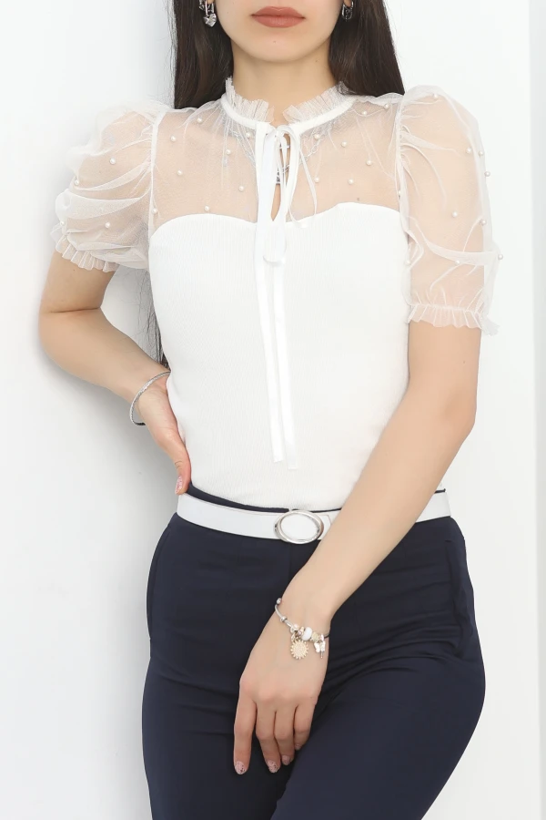 Tül Detay Bluz Ekru - 50204.1960.