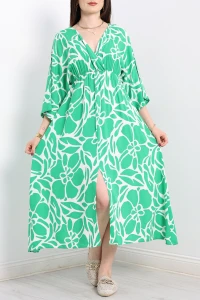 Kruvaze Yaka Desenli Elbise Yeşilbeyaz - 707.1247.