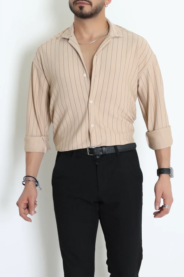 Zra Crep Çizgili Erkek Gömlek Bej - 71097.1947.