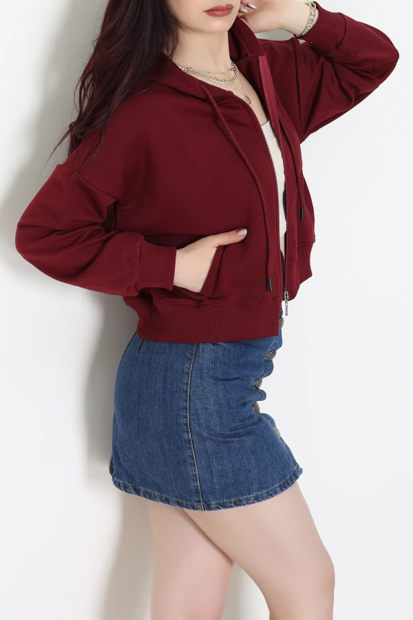 3 İplik Şardonsuz Fermuarlı Cepli Crop Sweat Bordo - 80774.1878.