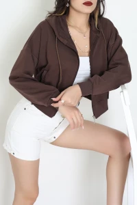 3 İplik Şardonsuz Fermuarlı Cepli Crop Sweat Kahve - 80774.1878.