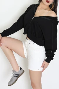 3 İplik Şardonsuz Fermuarlı Cepli Crop Sweat Siyah - 80774.1878.