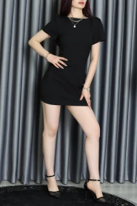 Bisiklet Yaka Karpuz Kol Mini Elbise Siyah - 20189.615.