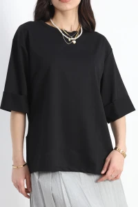 Duble Kol Yırtmaçlı 2 İplik Tişört Siyah - 20701.1878.