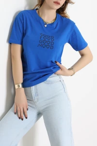 Suprem Nakışlı Tişört Saks - 31886.1878.