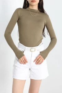 Dik Yaka Parmak Geçmeli Viskon Body Açıkhaki - 40076.599.