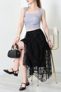 Flok Kabartma Baskılı Şifon Astarlı Etek Siyah - 43955.2113.