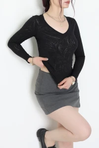 V Yaka Desenli Transparan Bluz Siyah - 70894.1567.