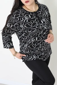 Büyük Beden Desenli Turlu Viskon Bluz Siyahçiçekli - 71093.1954.