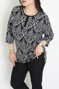 Büyük Beden Desenli Turlu Viskon Bluz Siyahbeyaz - 71093.1954.