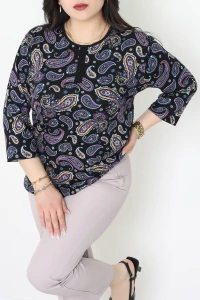 Büyük Beden Desenli Turlu Viskon Bluz Siyahmor - 71093.1954.