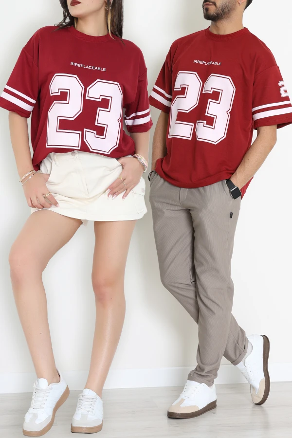 Bisiklet Yaka Oversize 2 İplik Forma Tişört Bordo - 88100.1878.
