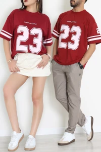 Bisiklet Yaka Oversize 2 İplik Forma Tişört Bordo - 88100.1878.