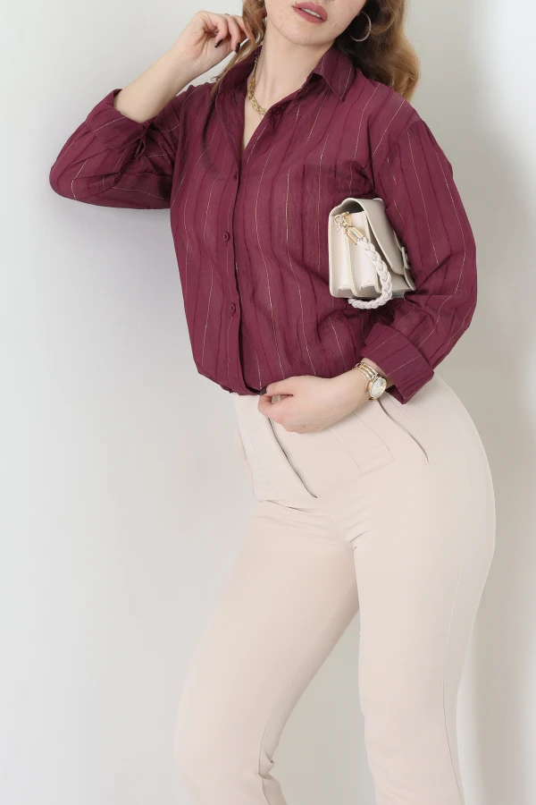 Simli Çizgili Gömlek Mürdüm - 4165.1247.