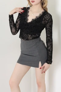 Yakası Dantel Detaylı Flok Baskı Transparan Bluz Siyah - 4171.1247.