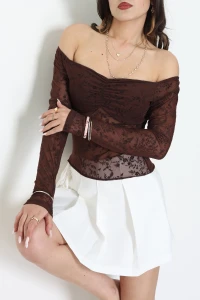 Flok Baskı Transparan Bluz Kahve - 4173.1247.