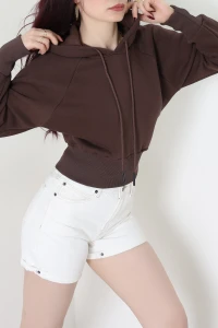 3 İplik Kapşonlu Crop Sweat Acıkahve - 20967.1878.
