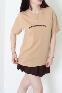 Suprem Baskılı Oversize Tişört Camel - 31887.1878.