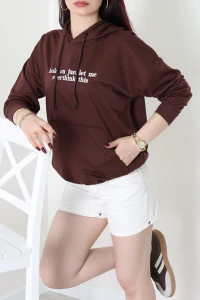 2 İplik Kapşonlu Nakışlı Sweat Kahveekru - 42705.1878.