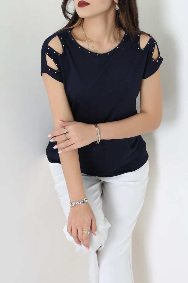 Omuz Dekolteli İncili Bluz Lacivert - 43988.599.