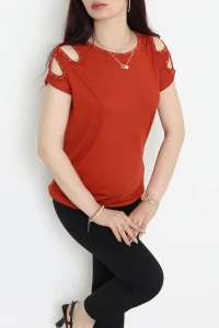 Omuz Dekolteli İncili Bluz Kiremit - 43988.599.