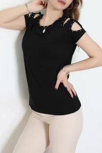 Omuz Dekolteli İncili Bluz Siyah - 43988.599.