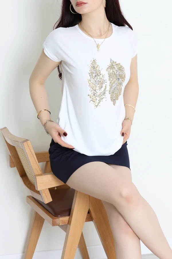 Payet Yaprak Detaylı Tişört Ekru - 44006.599.