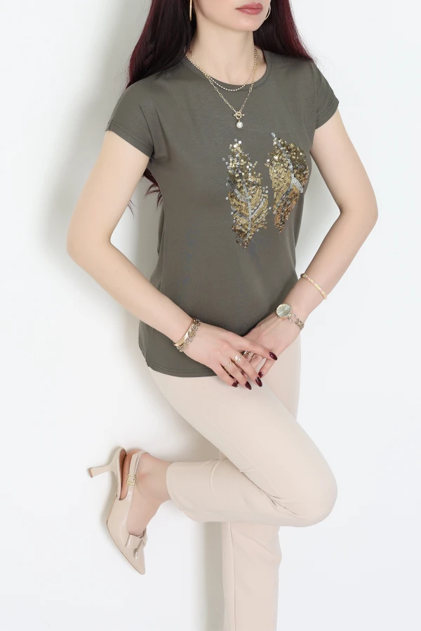 Payet Yaprak Detaylı Tişört Haki - 44006.599.