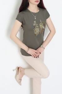 Payet Yaprak Detaylı Tişört Haki - 44006.599.