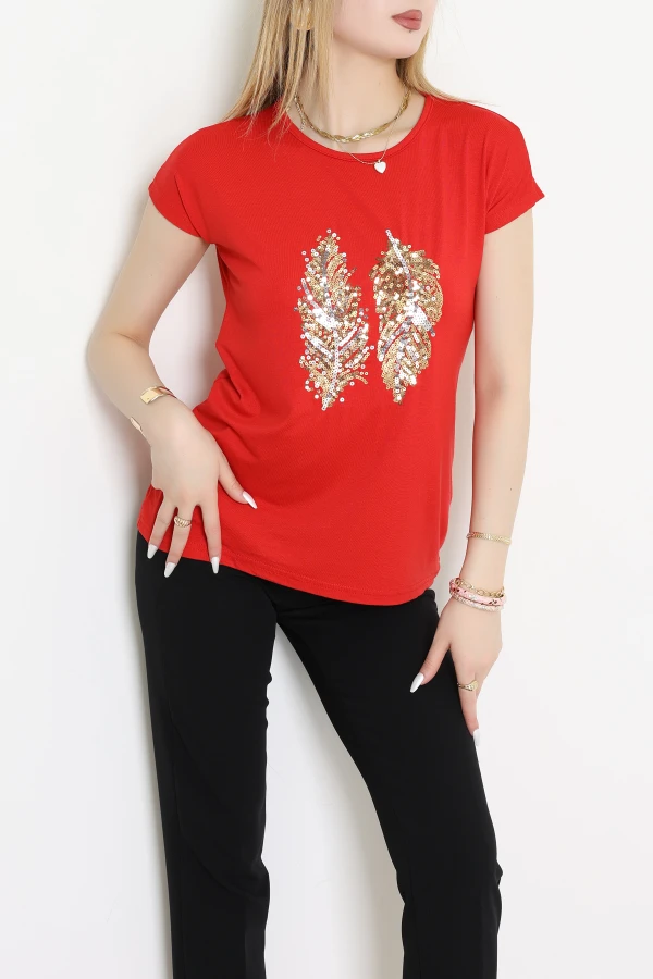 Payet Yaprak Detaylı Tişört Kırmızı - 44006.599.